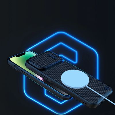 7. Nillkin Textured S Case etui iPhone 14 Plus pancerny pokrowiec z osłoną na aparat niebieskie