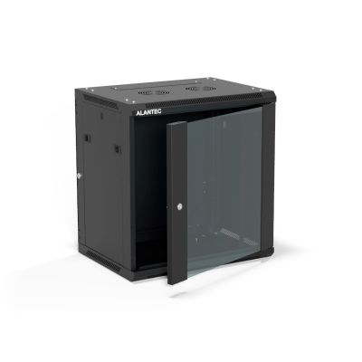 Szafa wisząca 19" 12U 600x450, (opcja dwusekcyjna) drzwi szklane jednoskrzydłowe, tył osłona pełna demontowalna, osłony boczne pełne demontowalne zamykane na klucz, 4 belki, kolor czarny, ALANTEC
