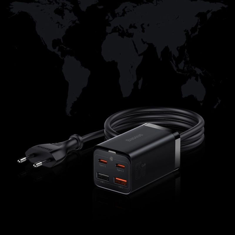 20. Baseus GaN3 Pro szybka ładowarka sieciowa GaN 2 x USB Typ C / 2 x USB 65W PD, QC4.0+, AFC, PPS + kabel USB Typ C - USB Typ C 1m czarny (CCGP040101)