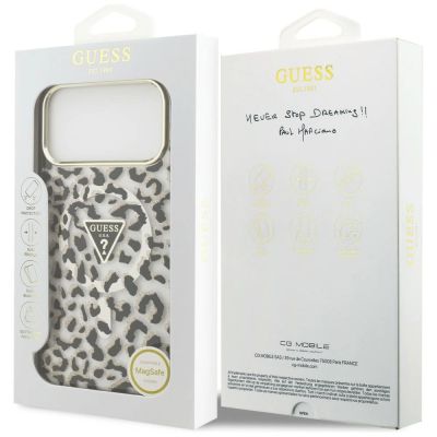 8. Etui Guess IML Leopard Glitter Triangle Logo MagSafe na iPhone 17 Pro Max / 18 Pro Max - czarne