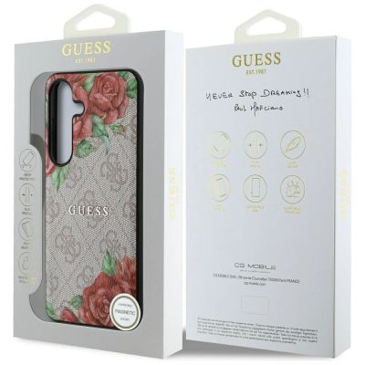 8. Etui Guess Leather 4G Flowers Print Metal Classic Logo MagSafe na Samsung Galaxy S25 - różowe