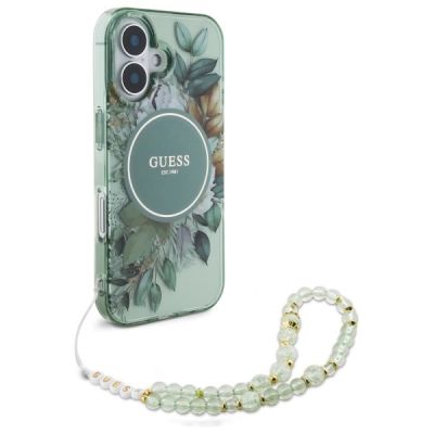 3. Etui Guess IML Flowers With Pearl Strap MagSafe na iPhone 16 Plus - zielone