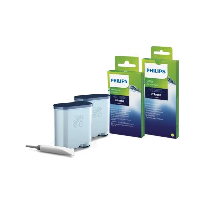 11. Zestaw akcesoriów do czyszczenia ekspresów Philips CA6707/10 (2 wkłady filtra AquaClean, 6 saszetek ze środkiem do czyszczenia obiegu mleka, 6 tabletek do usuwania oleju kawowego, Smar)