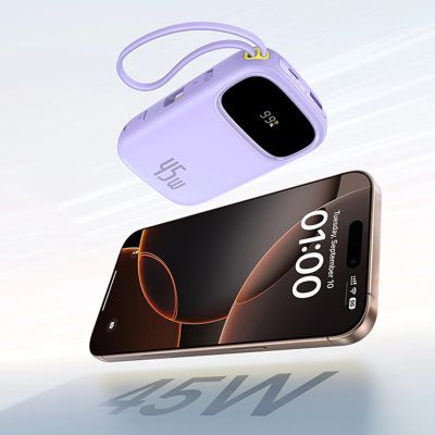 7. Powerbank Baseus EnerFill FC31 20000mAh 45W z wyświetlaczem z kablami USB-C i Lightning - fioletowy