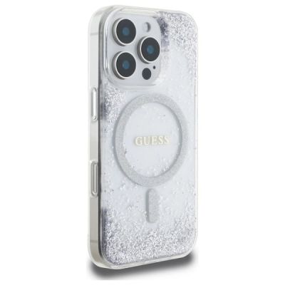 4. Etui Guess Resin Gradient Glitter MagSafe na iPhone 16 Pro - srebrne