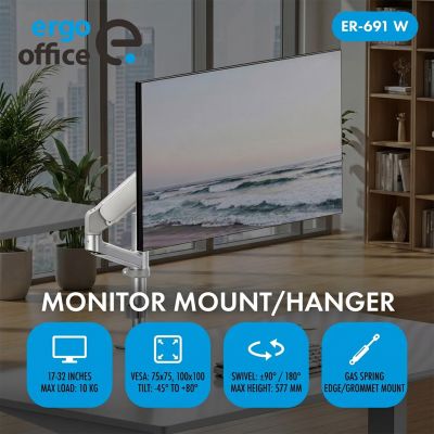 3. ERGO OFFICE UCHWYT / WIESZAK NA MONITOR SPRĘŻYNA GAZOWA, 17"-32", 1-10KG, BIAŁY MAT, MAX. VESA 100X100 ER-691 W