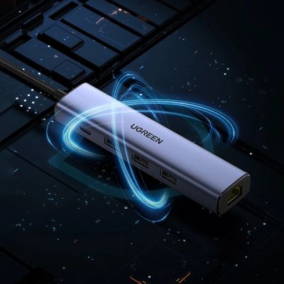 26. Ugreen wielofunkcyjny adapter HUB USB 3.0 - 3 x USB / Ethernet RJ-45 / USB Typ C PD szary (CM475)