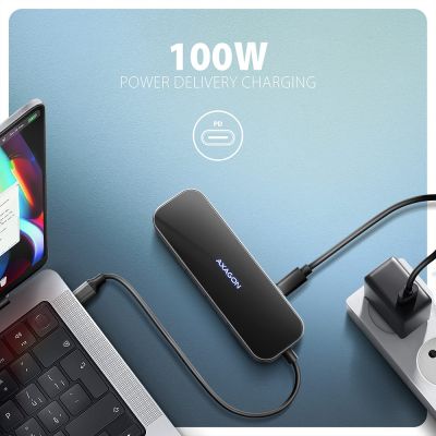 16. AXAGON HMC-6GLN Hub USB, 2x USB-A, 1x USB-C, 1x HDMI 2.0, 1x RJ45, 100 W PD – srebrny