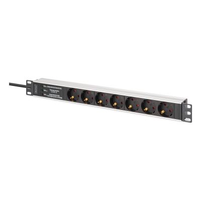 2. Listwa zasilająca PDU Rack 19" zab. przeciwprzepięciowe+filtr EMI/RFI, 7 gniazd Schuko CEE 7/3 (45°), kabel 2m wtyk Unischuko CEE 7/7, 16A, aluminiowa