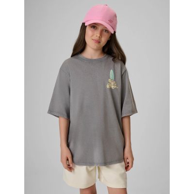 T-shirt loose z nadrukiem dziewczęcy 4F 4FJRSS26TTSHF3980-25S