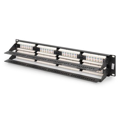 6. Digitus Panel krosowy (patch panel) 19'' 48x RJ45, LSA pion, kat.6, nieekranowany, 2U, czarny, prowadnica kabli, pola opisowe