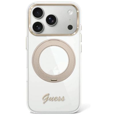 Etui Guess IML Ring Stand 360 Script Metal Logo MagSafe na iPhone 17 Pro Max / 18 Pro Max - przezroczyste