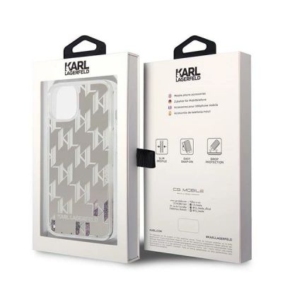 8. Etui Karl Lagerfeld Liquid Glitter Monogram na iPhone 14 - srebrne