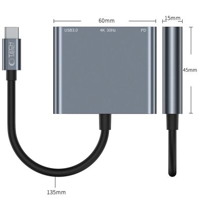 4. HUB Tech-Protect V1 3w1 USB-C - USB-A 3.0 / USB-C PD 100W / HDMI 4K 30Hz - szary