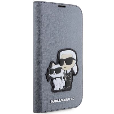 5. Etui Karl Lagerfeld Saffiano Karl&Choupette na iPhone 14 Pro - srebrne