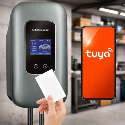 14. Qoltec Stacja ładowania EV Typ2 do samochodu elektrycznego i hybryd |  3 fazy | 22kW | 32A | Wi-fi | LCD | RFID | Smart life | TUYA | Wallbox | 5m