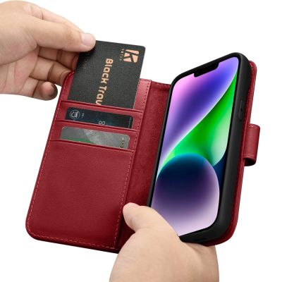 16. iCarer Wallet Case 2in1 etui iPhone 14 Plus skórzany pokrowiec z klapką Anti-RFID czerwony (WMI14220727-RD)