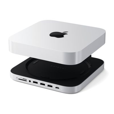 2. Satechi Stand & Hub - podstawka i hub do Mac Mini/Studio (USB-C 3.2, USB-A 3.2, 2x USB-A 3.0, 3,5mm jack, port micro/SD, NVMe/M.2 SATA SSD)