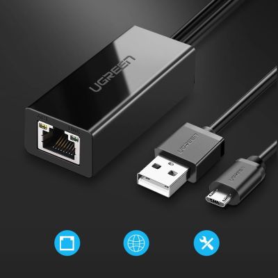 2. Karta sieciowa Ugreen 30985 zewnętrzna do Chromecast ze złączami micro USB / USB-A 100Mb/s 1m - czarna
