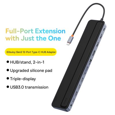 10. Baseus EliteJoy Gen2 uniwersalny HUB USB 12w1 z kablem USB-C 25cm podstawka pod notebook USB-A / USB-C / DP / HDMI / SD / TF / RJ45 / 3,5mm jack / PD 100W szary (WKSX030213)