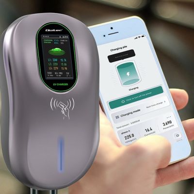 10. Qoltec Stacja ładowania EV 2w1 Typ2 22kW Wi-fi LCD RFID 3 fazy Wallbox 5m