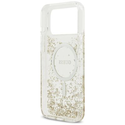 7. Etui Guess Resin Bottom Glitter MagSafe na iPhone 17 Pro Max - złote