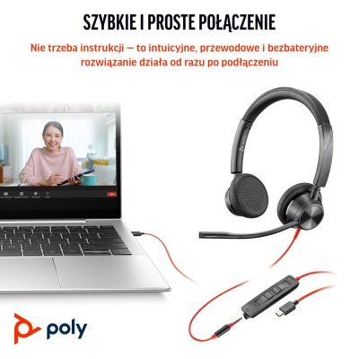 240. Słuchawki Poly Blackwire 3325 Stereo MS Teams Certified USB-C Headset +3.5mm Plug +USB-C/A Adapter 8X222AA