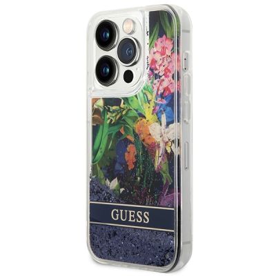 2. Etui Guess Flower Liquid Glitter na iPhone 14 Pro Max - niebieskie