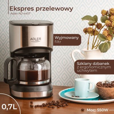 10. Ekspres przelewowy Adler AD 4407 (550W; kolor czarny)