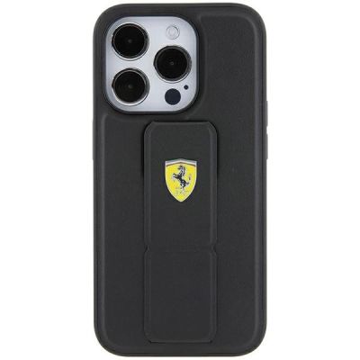 4. Etui Ferrari Grip Stand Metal Logo na iPhone 15 Pro - czarne