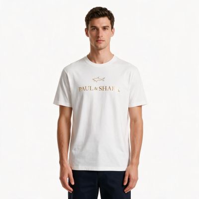 Paul&Shark T-shirt bawełniany męski biało-złoty 99311007-10E - klasyczny krój, logo
