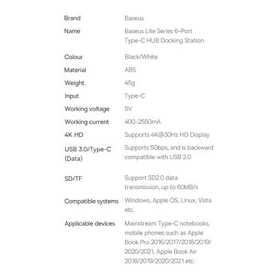 20. Baseus Lite Series wielofunkcyjny HUB USB Typ C - 2 x USB 3.0 / USB Typ C / HDMI 1,4 / SD/TF OTG czarny (WKQX050001)