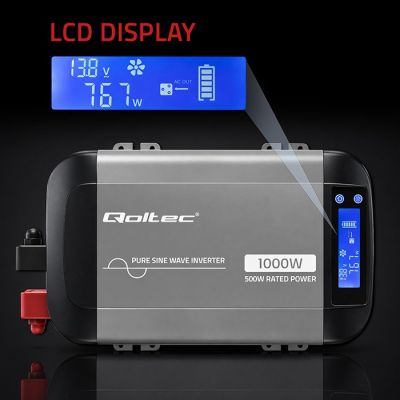 5. Qoltec Przetwornica napięcia Pure Sine Wave | 12V na 230V | 500/1000W | LCD | USB | USB-C | Kompatibilność z LiFePo4 GEL AGM
