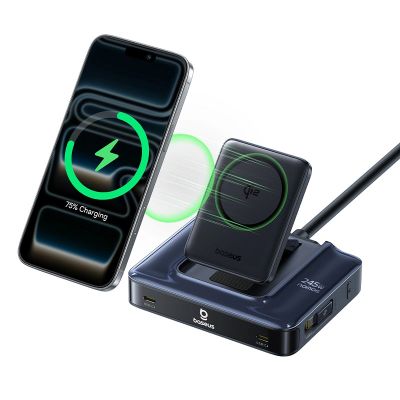 3. Stacja ładująca Baseus Nomos NH21 6w1 245W bezprzewodowa z dwoma zwijanymi kablami USB-C - czarna