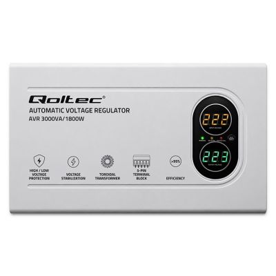 8. Qoltec Automatyczny Stabilizator napięcia AVR 3000VA | 1800W | Compact | Toroidalny transformator