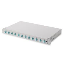 Panel krosowy FO z wyposażeniem 19'' 1U, 12x LC dx, OM3, pigtaile, adaptery, tacki, wysuwany, szary