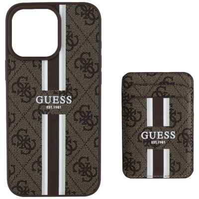 3. Etui Guess 4G Stripes z portfelem Magsafe do iPhone 16 Pro Max brązowy