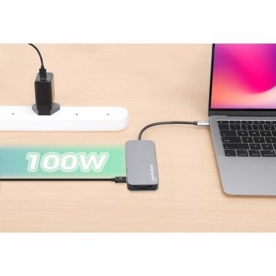 9. Stacja dokująca MANHATTAN USB-C 8 w 1 z zasilaniem USB 3.2 Gen 1 Type-C męski na żeński HDMI, trzy porty USB-A, gigabitowy port RJ45, port USB-C Power Delivery, czytnik kart SD/MicroSD, aluminium, gwiezdna szarość (13061)