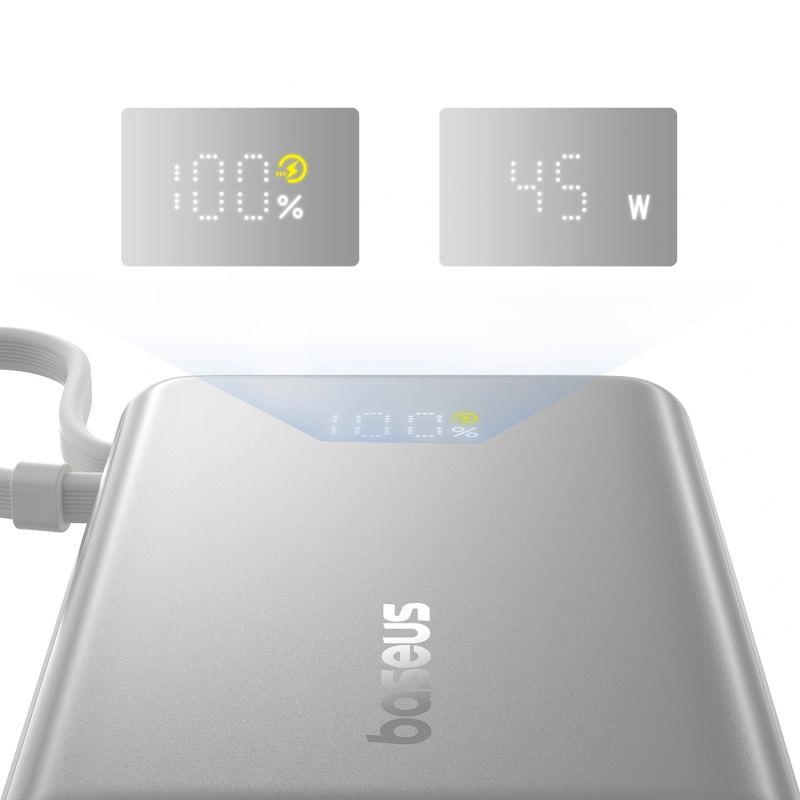 10. Powerbank Baseus PicoGo 10000mAh 45W z wyświetlaczem cyfrowym z wbudowanym kablem USB-C - tytanowy