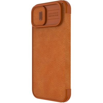3. Nillkin Qin Leather Pro Case etui iPhone 14 Plus osłona na aparat kabura pokrowiec obudowa z klapką brązowy