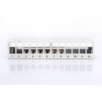 3. Panel krosowy modularny desktop 12x keystone, ekranowany, szary, prowadnica kabli, pola opisowe