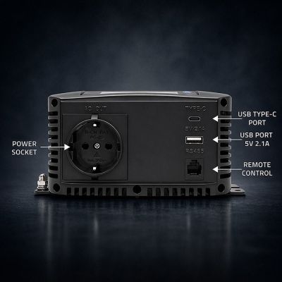 8. Qoltec Przetwornica napięcia Pure Sine Wave | 12V na 230V | 500/1000W | LCD | USB | USB-C | Kompatibilność z LiFePo4 GEL AGM