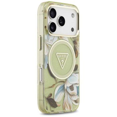 4. Etui Guess IML Glitter Flowers Triangle MagSafe na iPhone 17 Pro Max - zielone
