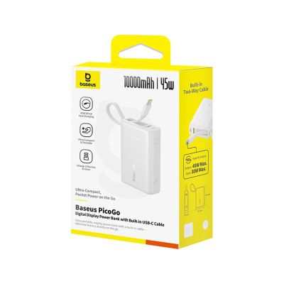 4. Powerbank Baseus PicoGo 10000mAh 45W z wbudowanym kablem i wyświetlaczem - biały