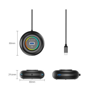 2. Hub USB Orico YXR4-C3 RGB 4-portowy USB-A 3.0 z portem audio/mikrofonowym 0,3 m - czarny
