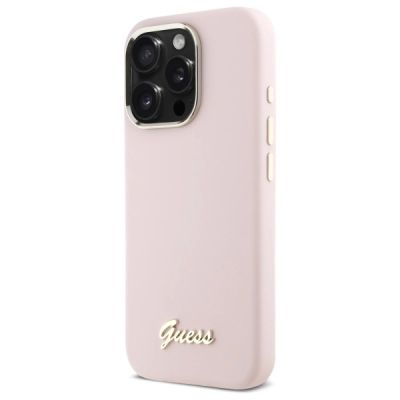 2. Etui Guess Silicone Script Metal Logo & Frame na iPhone 16 Pro Max - różowe