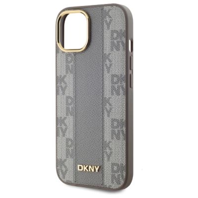 6. Etui DKNY Leather Checkered Mono Pattern MagSafe na iPhone 15 Plus - beżowe