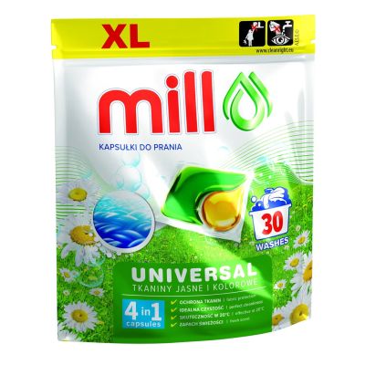 3. Zestaw środków do pralek Mill – kapsułki 2×30 szt. + perfumy do tkanin 750 ml + płyn do pralek 300 ml