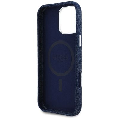 7. Etui Guess Denim Triangle Logo MagSafe na iPhone 16 Pro - niebieskie