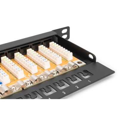 2. Digitus Panel krosowy (patch panel) high density 19'' 24x RJ45, LSA poziom, kat.6, nieekranowany, 0.5U, czarny, prowadnica kabli